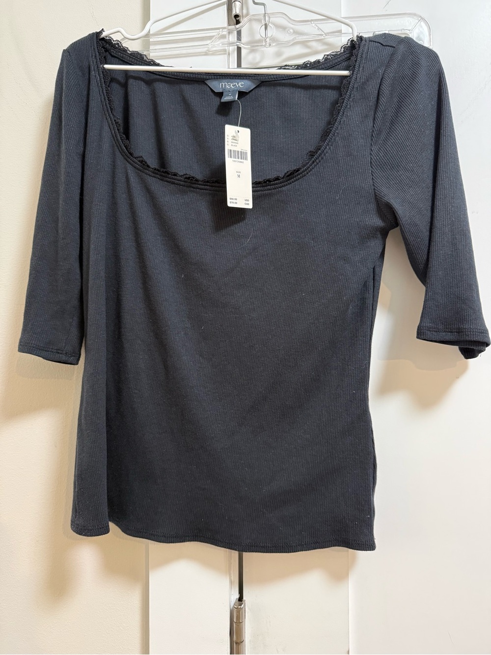 Anthropologie Maeve Lace-Trimmed Three-Quarter Sleeve Top Black Size Medium NWT